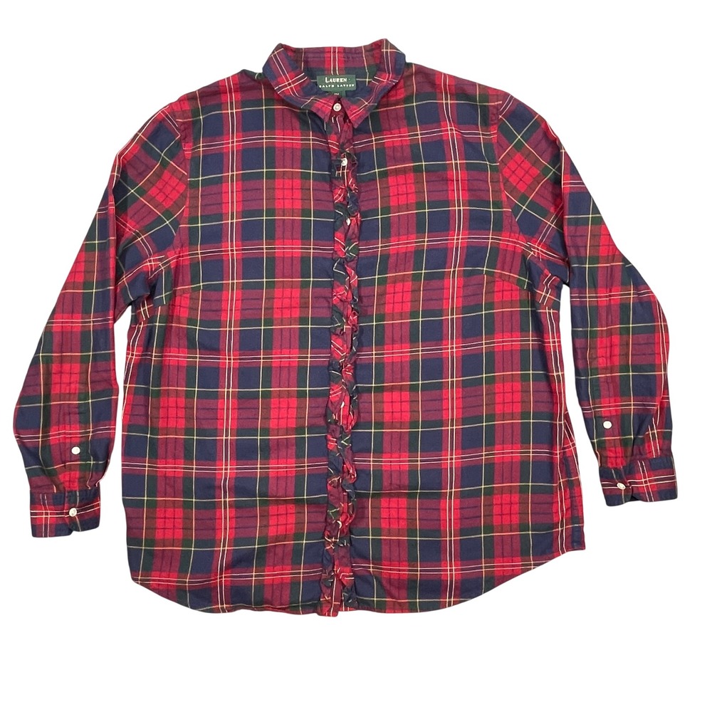 VTG Lauren Ralph Lauren Red Plaid Ruffle Button Front Blouse Womens 1X